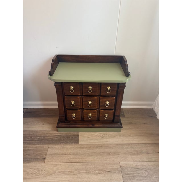 Vintage Lion 3-Drawer Nightstand - Dark Wood, Olive Sage Green, Gold Pulls For Sale - Image 11 of 12