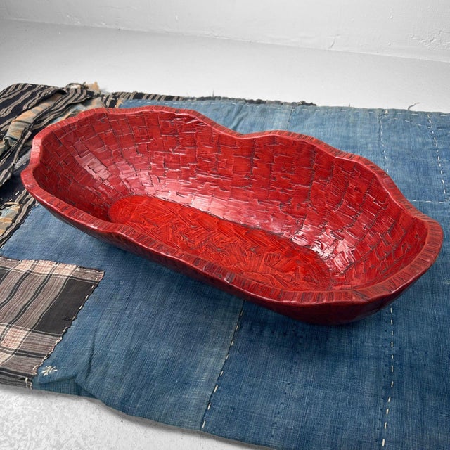 Japanese Hand-Carved Red Lacquered Wooden Bowl, 1950s For Sale - Image 13 of 18