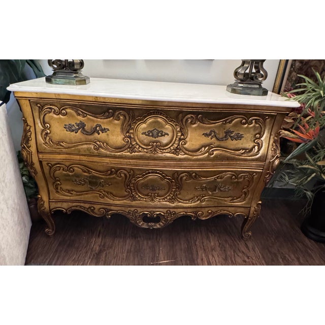 Gold Vintage Weiman Marble Top Gilt Louis XV Style Bombe Chest / Commode For Sale - Image 8 of 9