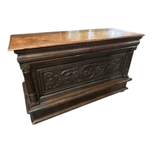 Original French Provincial Renaissance Style Hand Carved Figural Nude Maiden Coffer, Circa 1880