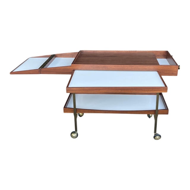 Brown Paul McCobb Style Mid-Century Walnut Bar Cart With Brass Accents For Sale - Image 8 of 14