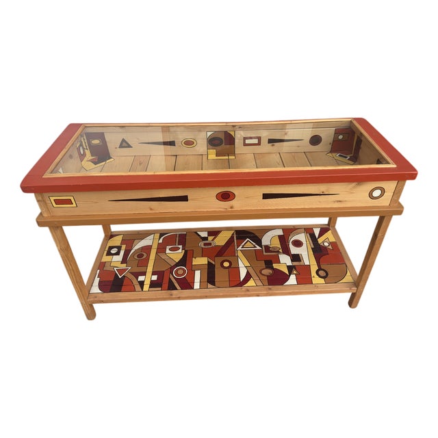 Vintage Hand Painted Geometric Wood and Glass Display Case Console For Sale