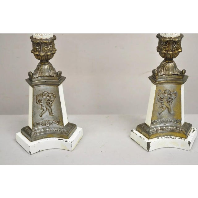Vintage French Empire Style Candlestick Candelabra Brass Table Lamps - A Pair For Sale - Image 9 of 12