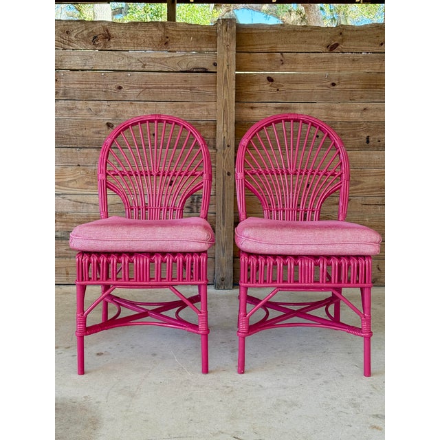 Vintage Pink Painted Rattan Side Chairs With Upholstered Seats – Pair For Sale - Image 12 of 12