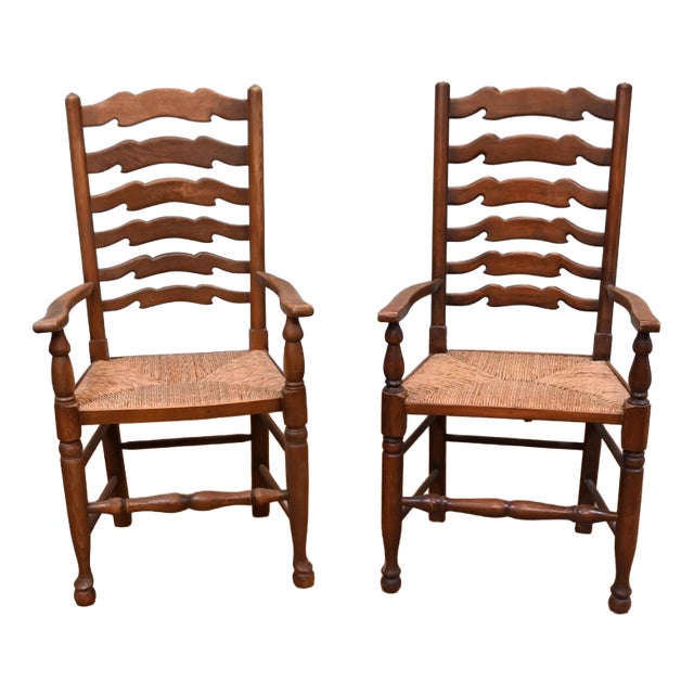 Oak Farmhouse Ladderback Armchairs, Set of 2 For Sale