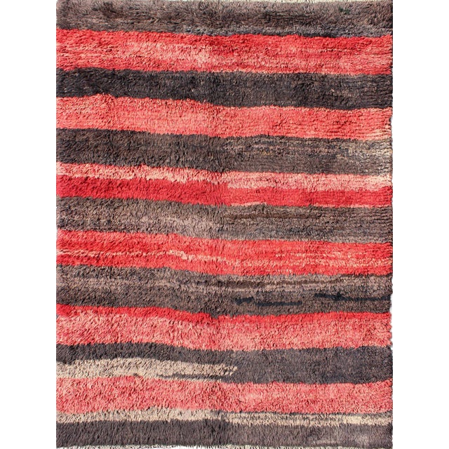 Vintage Tulu Rug From Turkey in Charcoal and Red With Stripe Design, Minimalist Design For Sale