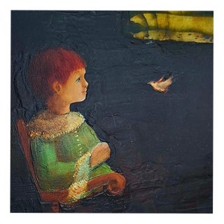 Monika Rossa, Boy with a Bird, Oil Painting, Framed For Sale
