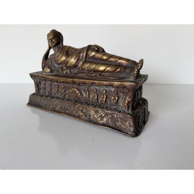 Bronze Vintage Asian Reclining Buddha Bronze Sculpture With Ornate Relief Base For Sale - Image 8 of 12