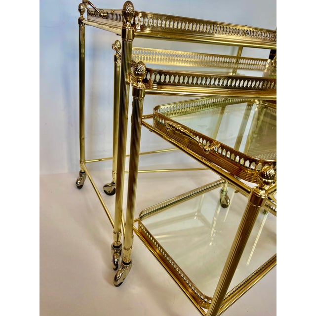 Brass French Neoclassical Style Nesting Bar Carts With Glass Shelves, Maison Jansen For Sale - Image 8 of 17