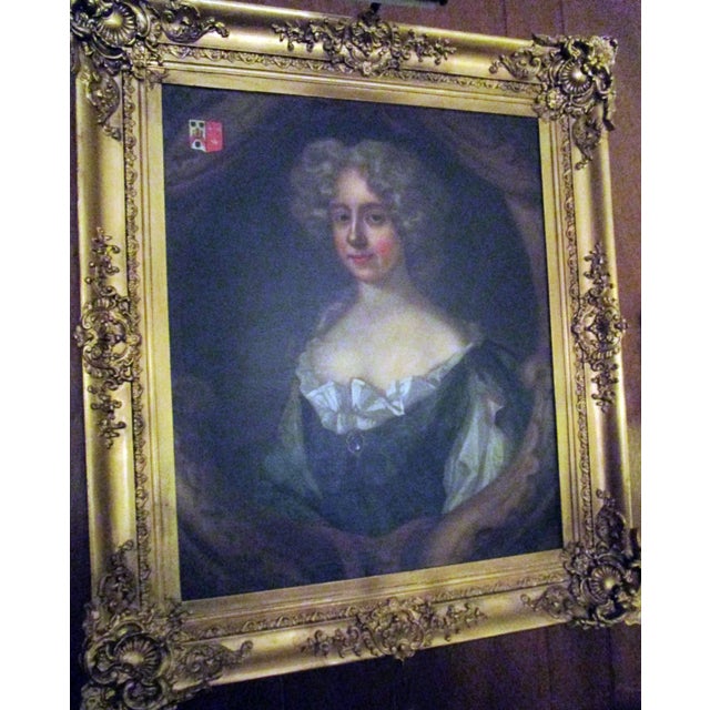 18th Century English Titled Lady with Coat of Arms Framed Oil Portrait Painting For Sale - Image 9 of 13