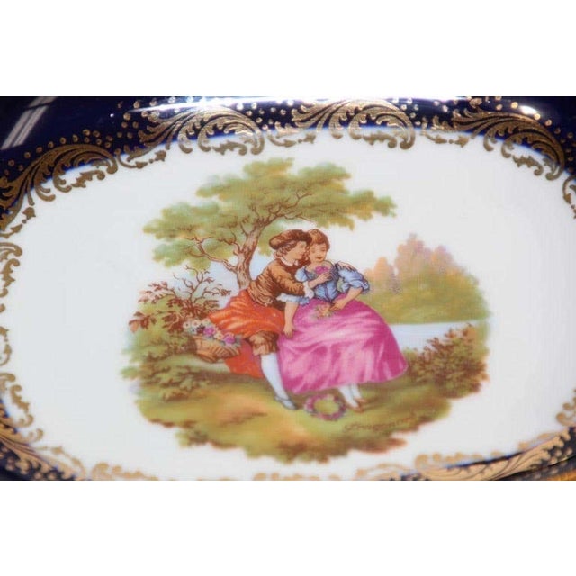 Limoges France Dish in Royal Blue with Fragonard Couple and Fine Gold Metal Trim For Sale - Image 16 of 17