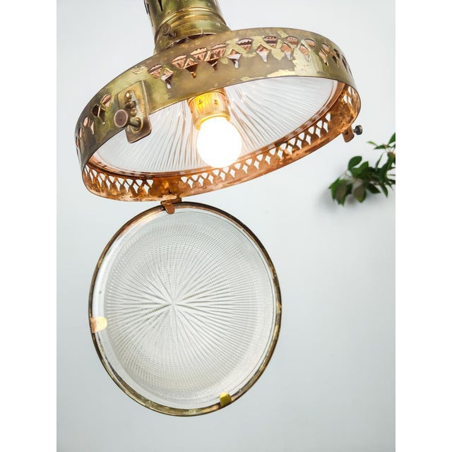 Gold Antique Dutch 2 Part Glass Holophane Stiletto Pendant Light, 1890s For Sale - Image 8 of 9