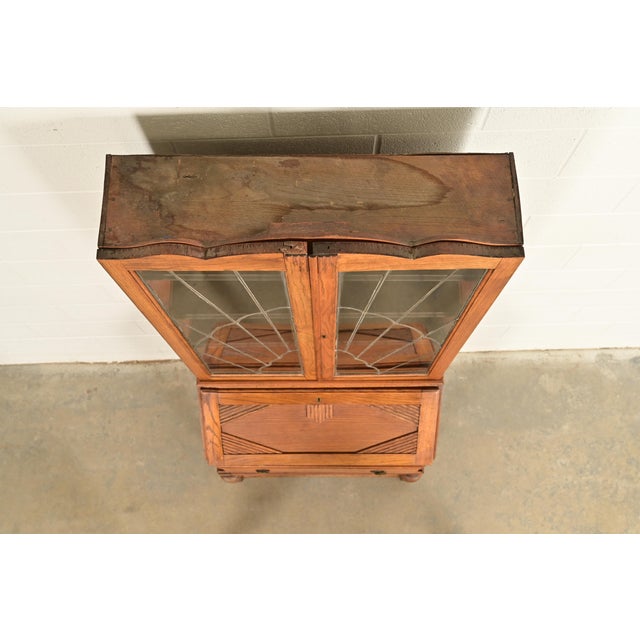 Antique English Art Deco Carved Oak Drop Front Secretary Desk With Leaded Glass Bookcase Hutch For Sale - Image 14 of 17