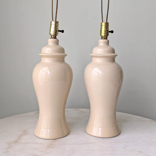 Beige Vintage Beige Ginger Jar Glazed Ceramic Table Lamps - a Pair For Sale - Image 8 of 8
