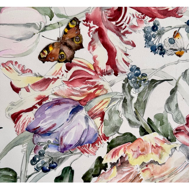 Cream Large Floral Still Life Watercolor Painting With Butterflies, 1989, Modern Frame For Sale - Image 8 of 18