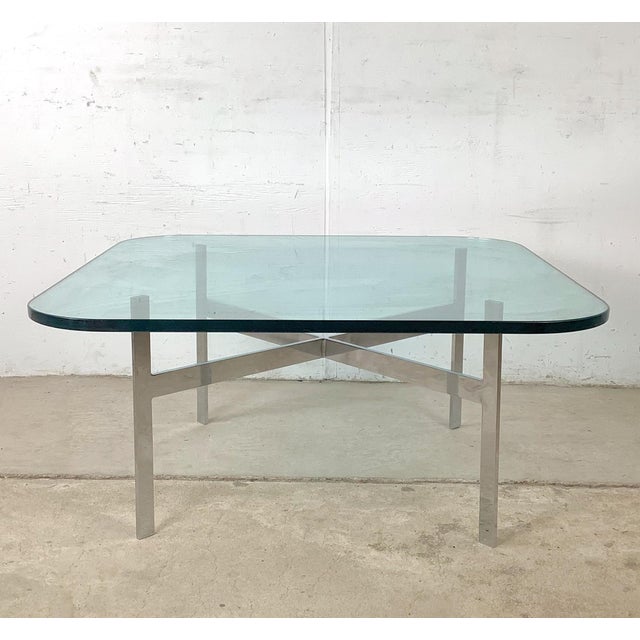 Mid-Century Modern Vintage Mies Van Der Rohe Barcelona-Style Chrome & Glass Coffee Table — 1970s–80s, 36" Square For Sale - Image 3 of 12
