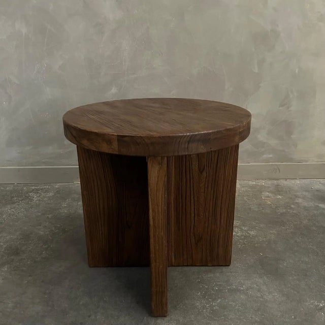 Brown Custom Made Reclaimed Elm Wood Side Table With X Base For Sale - Image 8 of 12