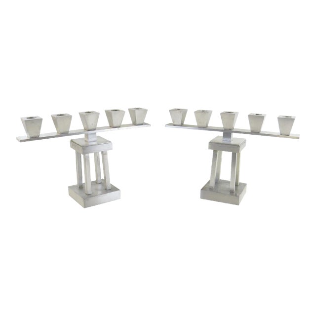 Vintage Art Deco Brushed Aluminum 5-Light Candle Holders - a Pair For Sale