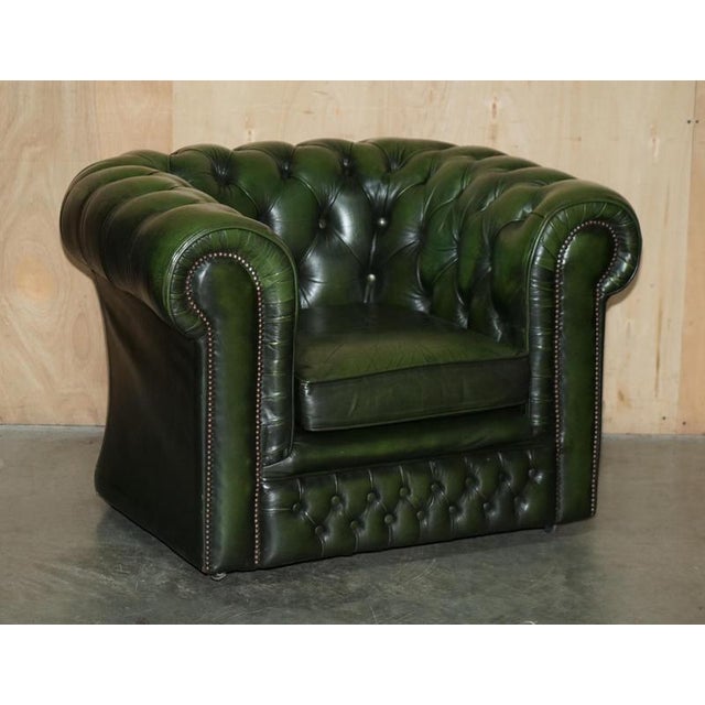 Stunning vintage suite of circa 1970’s Bottle Green leather Chesterfield club sofa and armchair A very good looking and...