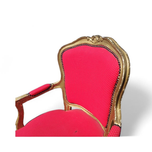 Vintage French Louis XV Style Giltwood Armchair with Rococo Carved Frame and Nailhead Trim, 1940s For Sale - Image 3 of 17