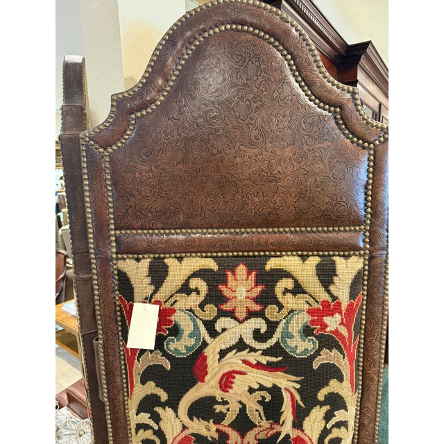 Gothic Embossed Leather and Needlepoint 2 Panel Screen For Sale - Image 3 of 14
