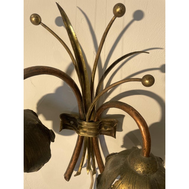 Metal Floral Wall Lamp in Copper and Brass, 1960s For Sale - Image 7 of 11