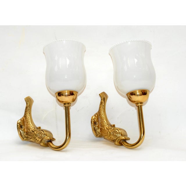 Maison Lancel Maison Lancel Brass Dolphin Sconces Ruffled Opaline Glass Shade France 1950-Pair For Sale - Image 4 of 13