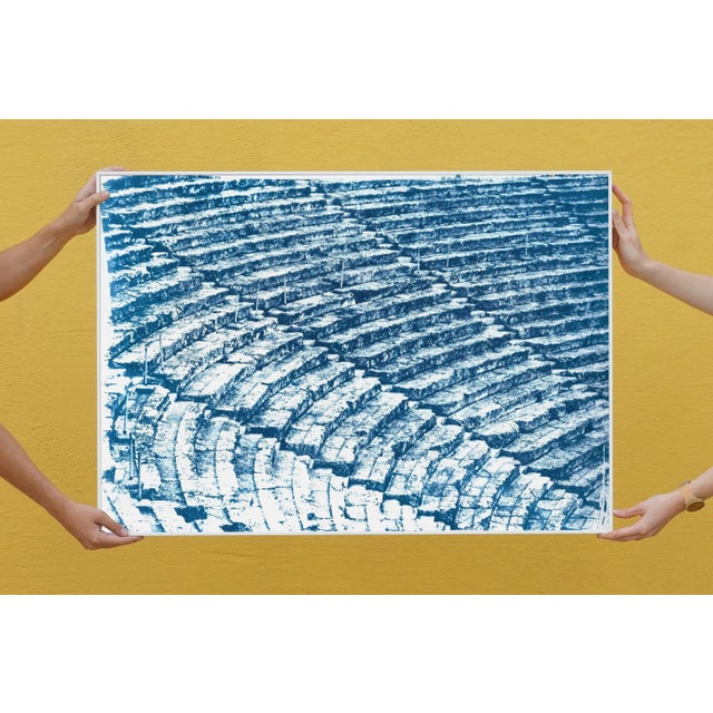 Mediterranean Ancient Roman Amphitheater, 100x70cm Cyanotype on Watercolor Paper, Greek Architecture Blueprint For Sale - Image 3 of 13