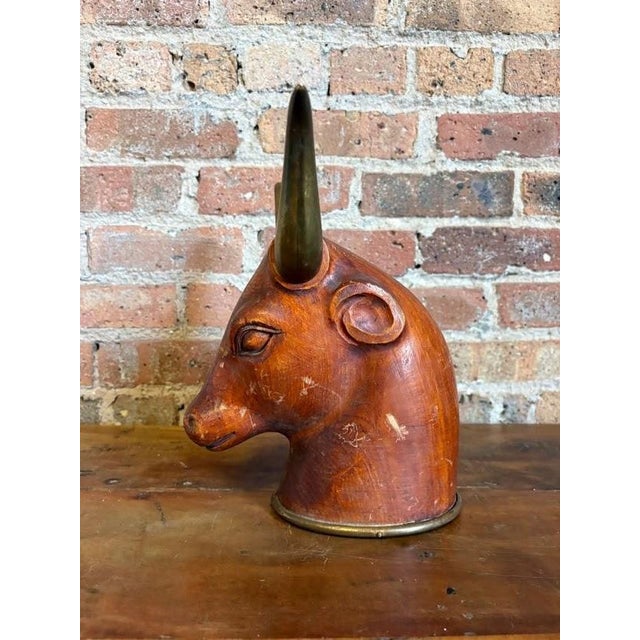 Brown Mid 20th Century Modern Carved Wood Bull Bust Sculpture With Brass Horns For Sale - Image 8 of 13
