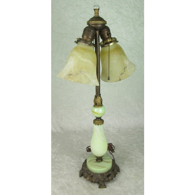 Early 20th Century Uranium Jadeite Table Lamp Alabaster Shades For Sale - Image 12 of 18