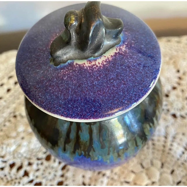 Contemporary Edgecomb Potters Maine Blue and Black Drip Glaze Lidded Urn Form Jar For Sale - Image 3 of 9
