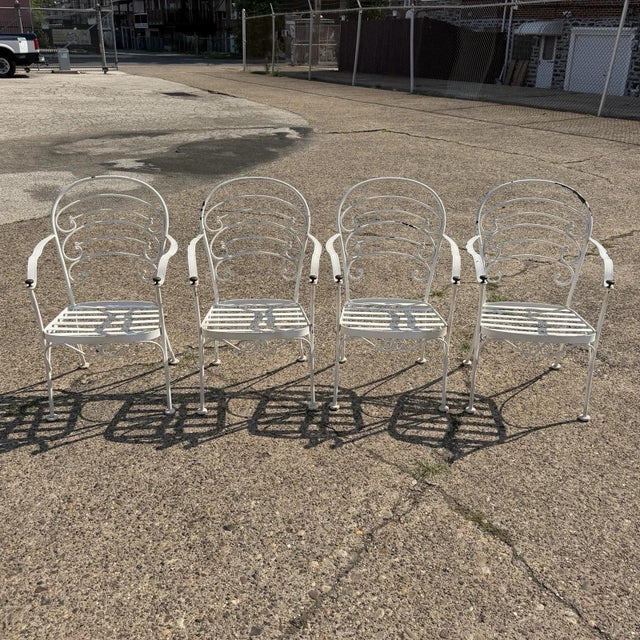 Late 20th Century Wrought Iron Scrolling Patio Dining Arm Chairs by Crown Leisure - Set of 4 For Sale - Image 13 of 18