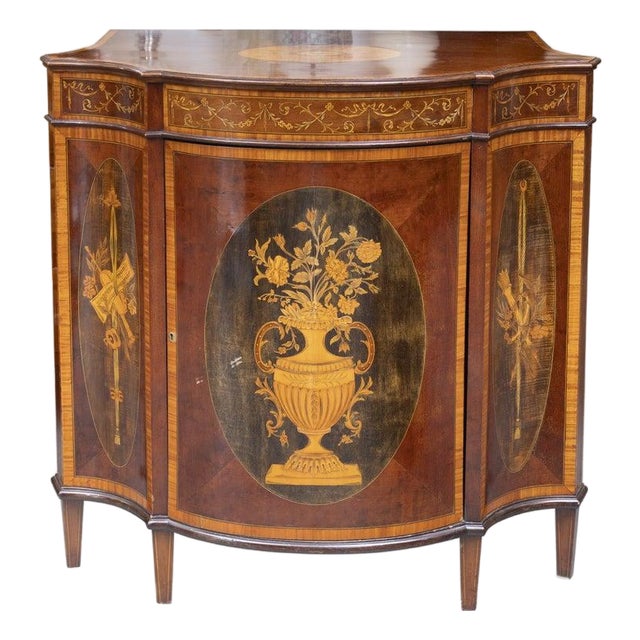 One of a Pair of English Satinwood, Mahogany and Painted Serpentine Cabinets, Mid 19th Century For Sale