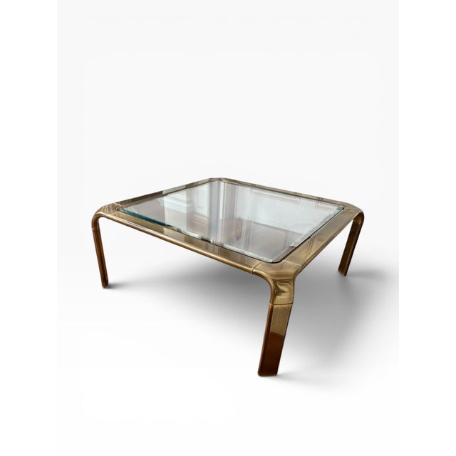 Mid-Century Modern 1970s Mastercraft × John Widdicomb Brass and Glass Coffee Table — 40″ Square For Sale - Image 3 of 16