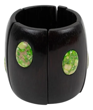 Monies Massive Ebony Wood and Stone Cabochons Stretch Bracelet Bangle