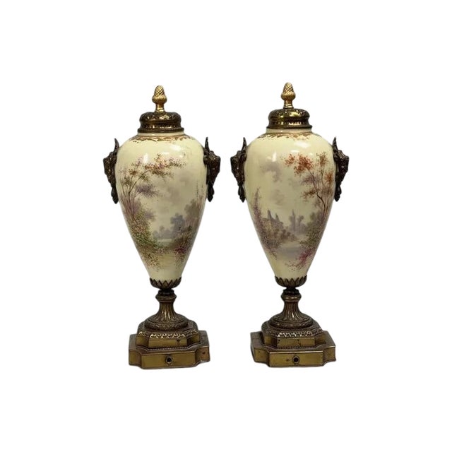Pair of Antique French A. Daret Hand-Painted Porcelain & Gilt Bronze (Ormolu) Covered Urns With Romantic Rococo Scenes – 16" For Sale - Image 4 of 8