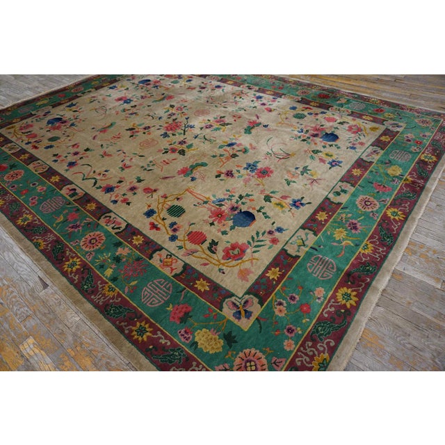 1920s Ivory Green Floral Modern Antique Chinese Art Deco Rug 9'2" X 11'7" Handknotted Wool Carpet For Sale - Image 15 of 15