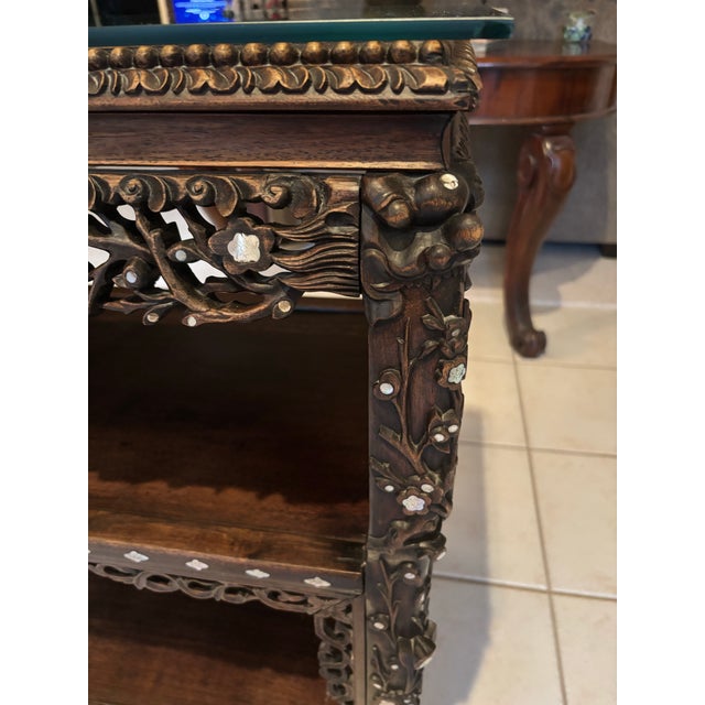 Dark Gray Antique Chinese Black Lacquer & Mother-of-Pearl Marble Top Tiered Table Late 19th Century | Qing Dynasty Influence For Sale - Image 8 of 12