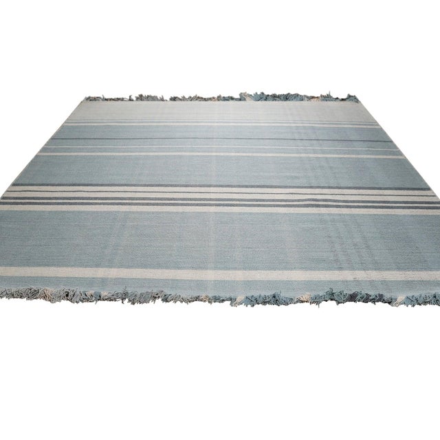 Traditional 8x10 Opulent Majestic Blue Geometric Modern Flatweave Wool Carpet Rug For Sale - Image 3 of 6