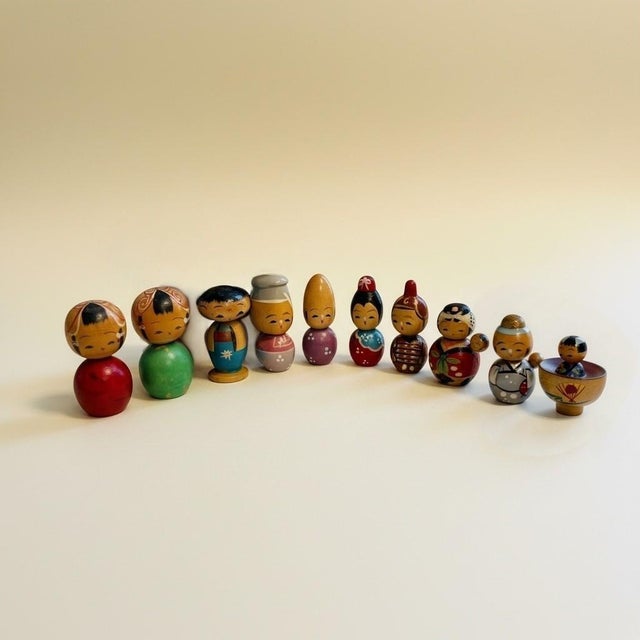 Wood Vintage Japanese Miniature Kokeshi Dolls Set 11-Hand Painted Wood-Japan Folk Art For Sale - Image 7 of 10