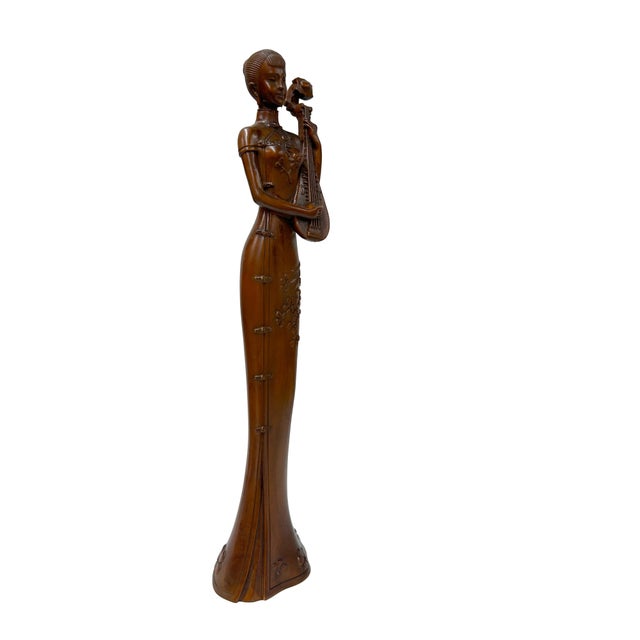 Oriental Brown Wood Carved Slim Artistic Holding Pipa Lady Figure For Sale - Image 4 of 5