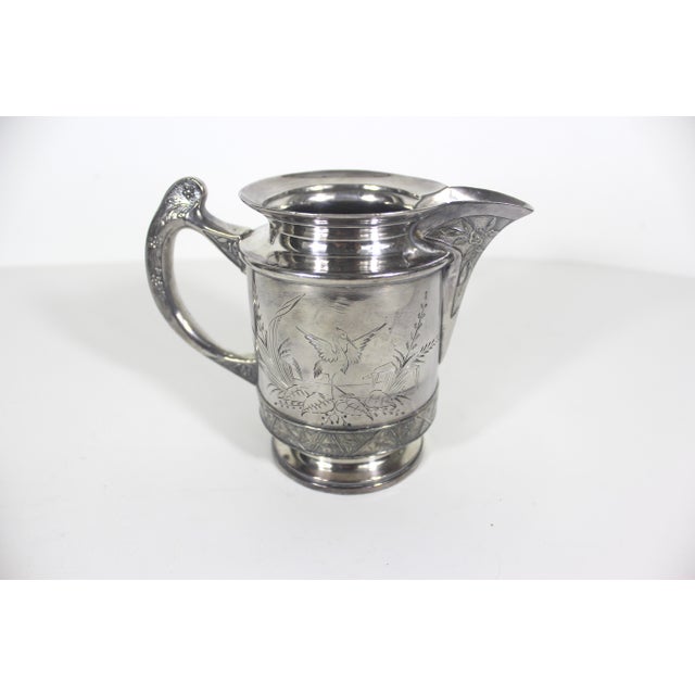 Victorian Antique Quadruple Silver Plate Pitcher Creamer Vase Hartford Etched Bird For Sale - Image 3 of 16