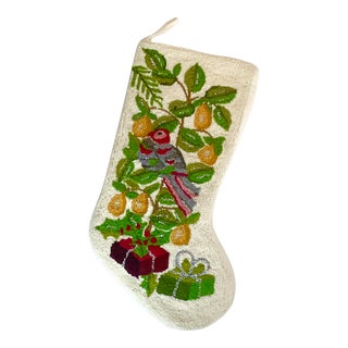 Vintage Hollywood Regency Needlepoint Christmas Stocking - Partridge in a Pear Tree. For Sale