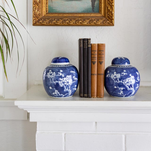 Pair of Blue and White Chinese Chinoiserie Prunus Blossom Lidded Ginger Jars For Sale - Image 4 of 14