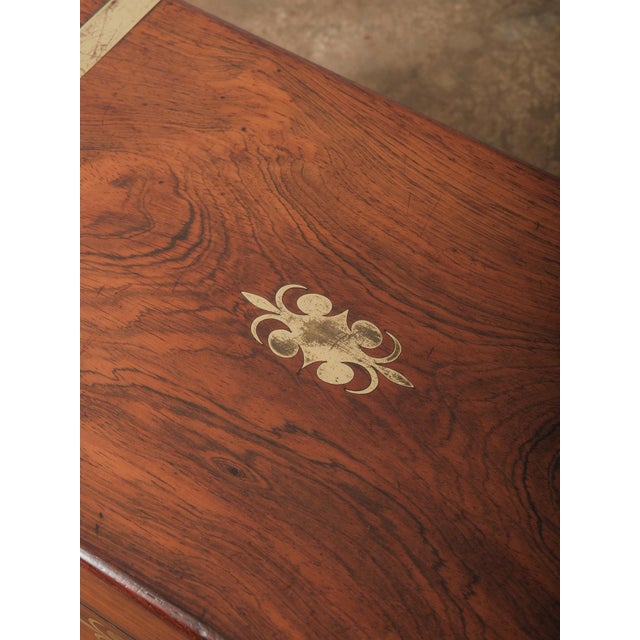 Vintage Brass Bound Campaign Writing Slope Lap Desk With Velvet Interior Storage Compartments Folding Travel Writing Box For Sale - Image 4 of 14