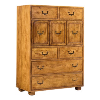 Henredon Campaign Mid Century Oak and Brass Highboy Dresser Armoire For Sale