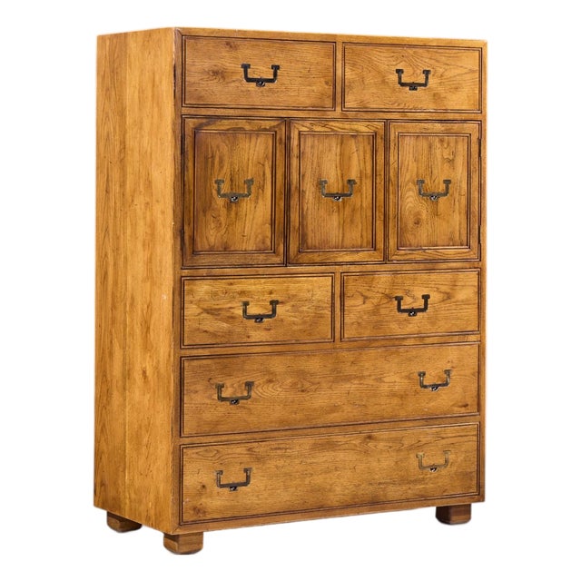 Henredon Campaign Mid Century Oak and Brass Highboy Dresser Armoire For Sale