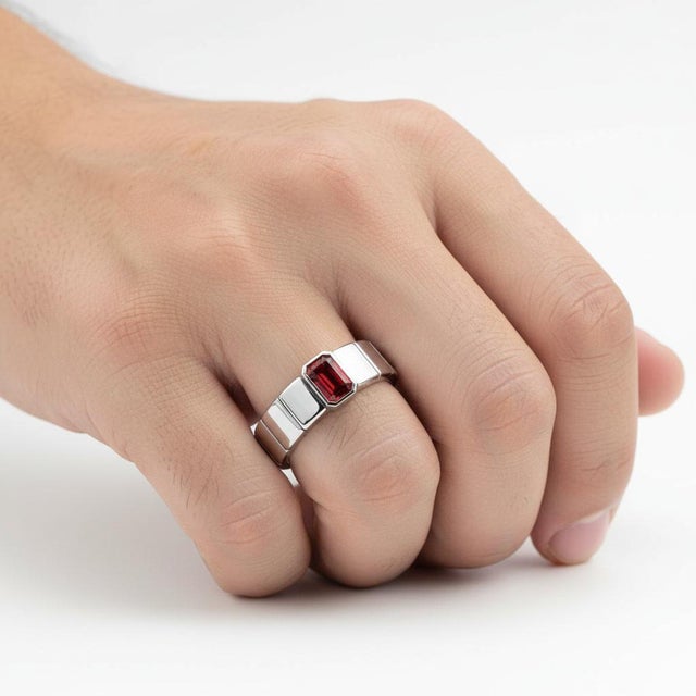 Not Yet Made - Made To Order Garnet Solitaire Ring for Men Silver, Gold, Size 10 For Sale - Image 5 of 5