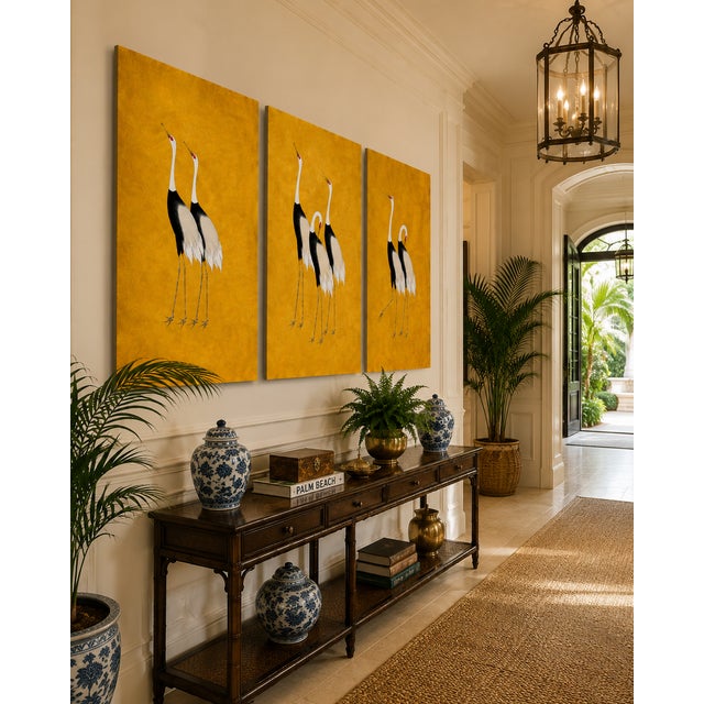 Japanese Cranes Triptych, Gold Crane Wall Art Set of 3, 16" X 24" For Sale - Image 9 of 11