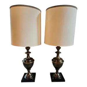 Vintage Stiffel Brass Urn Trophy Lamps With Shades - A Pair